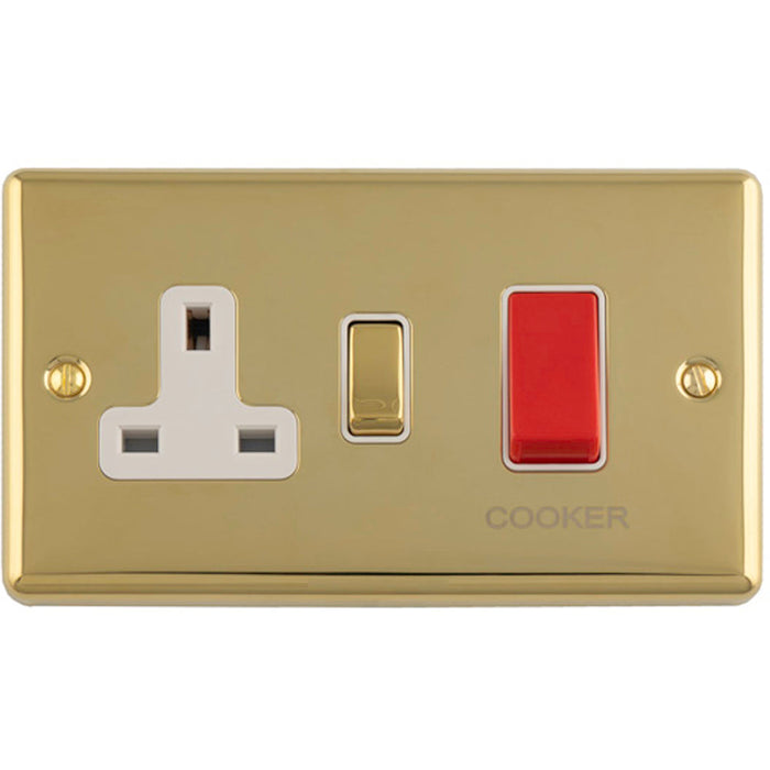 45A DP Oven Switch & Single 13A Switched Power Socket POLISHED BRASS & WHITE Cooker Wall Outlet