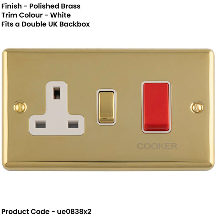 2 PACK 45A DP Oven Switch & Single 13A Switched Power Socket POLISHED BRASS & WHITE Cooker Wall Outlet
