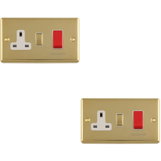 2 PACK 45A DP Oven Switch & Single 13A Switched Power Socket POLISHED BRASS & WHITE Cooker Wall Outlet