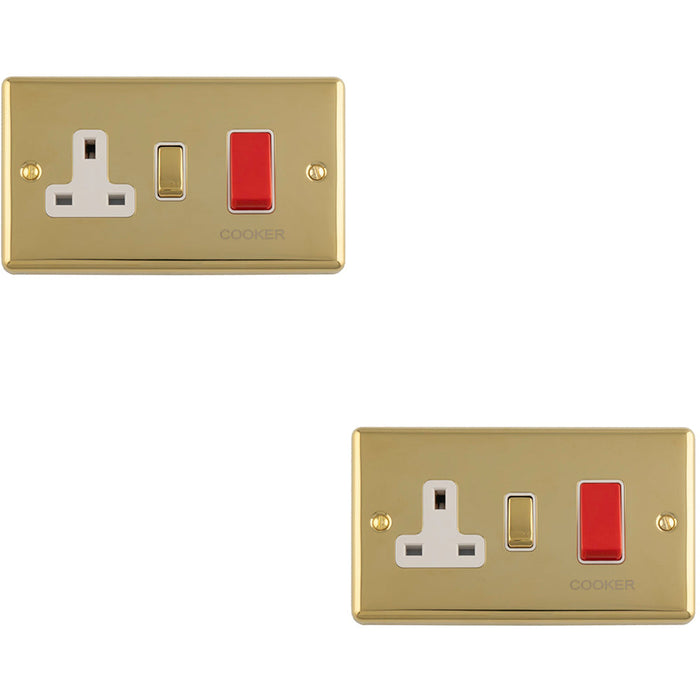 2 PACK 45A DP Oven Switch & Single 13A Switched Power Socket POLISHED BRASS & WHITE Cooker Wall Outlet
