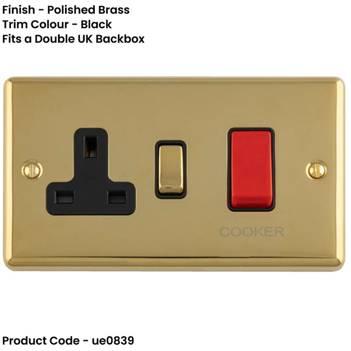 45A DP Oven Switch & Single 13A Switched Power Socket POLISHED BRASS & BLACK Cooker Wall Outlet