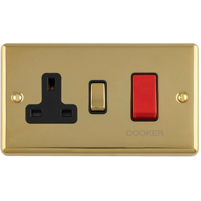 45A DP Oven Switch & Single 13A Switched Power Socket POLISHED BRASS & BLACK Cooker Wall Outlet