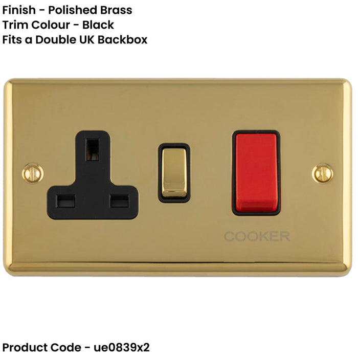 2 PACK 45A DP Oven Switch & Single 13A Switched Power Socket POLISHED BRASS & BLACK Cooker Wall Outlet