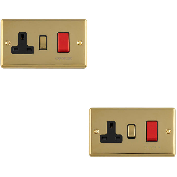 2 PACK 45A DP Oven Switch & Single 13A Switched Power Socket POLISHED BRASS & BLACK Cooker Wall Outlet