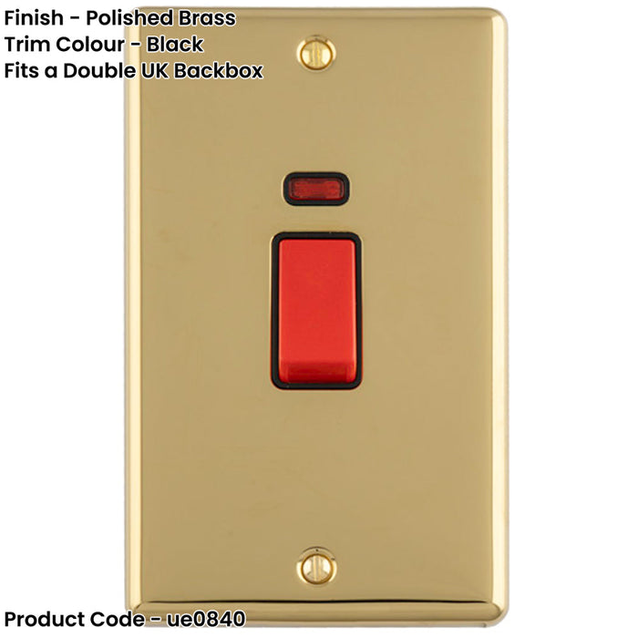 2 Gang Double Vertical 45A DP Cooker Switch & Neon POLISHED BRASS & BLACK Oven Appliance