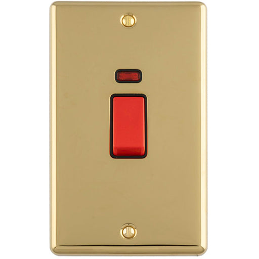 2 Gang Double Vertical 45A DP Cooker Switch & Neon POLISHED BRASS & BLACK Oven Appliance