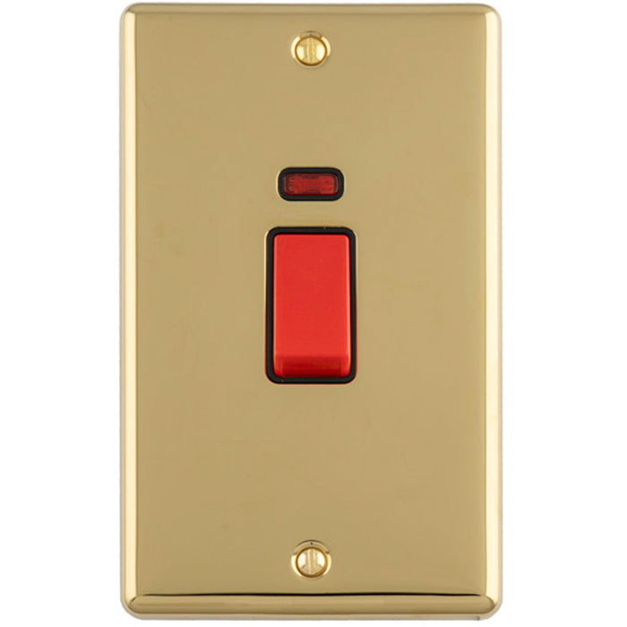 2 Gang Double Vertical 45A DP Cooker Switch & Neon POLISHED BRASS & BLACK Oven Appliance