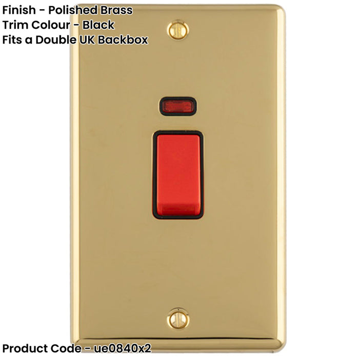 2 PACK 2 Gang Double Vertical 45A DP Cooker Switch & Neon POLISHED BRASS & BLACK Oven Appliance