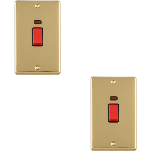 2 PACK 2 Gang Double Vertical 45A DP Cooker Switch & Neon POLISHED BRASS & BLACK Oven Appliance