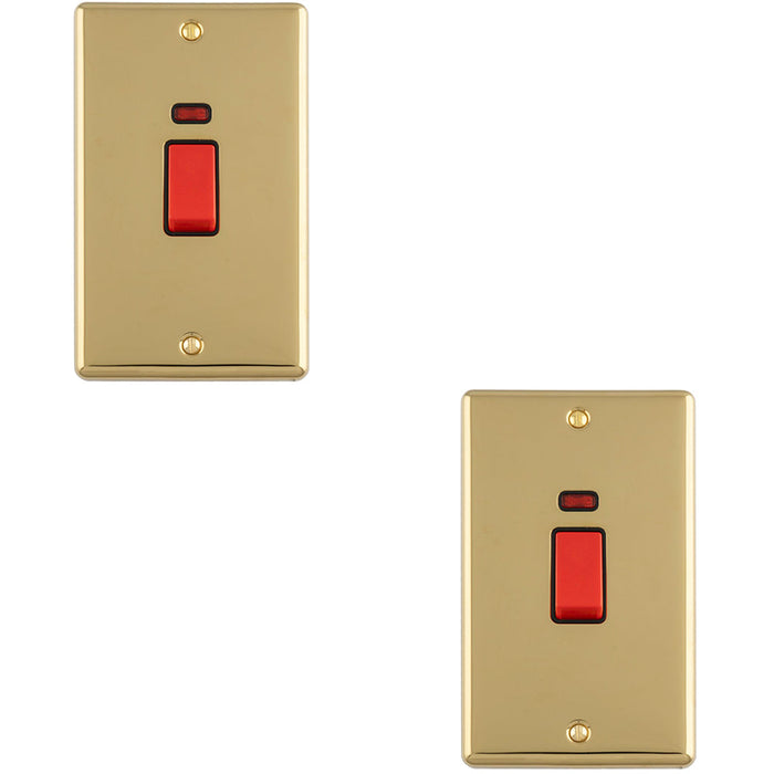2 PACK 2 Gang Double Vertical 45A DP Cooker Switch & Neon POLISHED BRASS & BLACK Oven Appliance