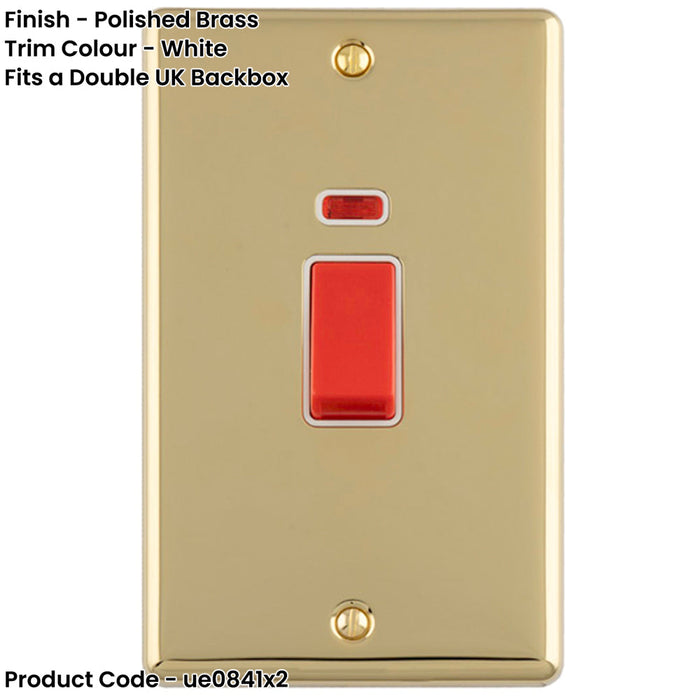2 PACK 2 Gang Double Vertical 45A DP Cooker Switch & Neon POLISHED BRASS & WHITE Oven Appliance