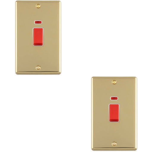 2 PACK 2 Gang Double Vertical 45A DP Cooker Switch & Neon POLISHED BRASS & WHITE Oven Appliance