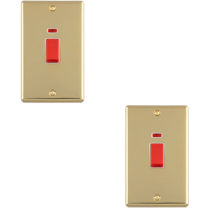 2 PACK 2 Gang Double Vertical 45A DP Cooker Switch & Neon POLISHED BRASS & WHITE Oven Appliance