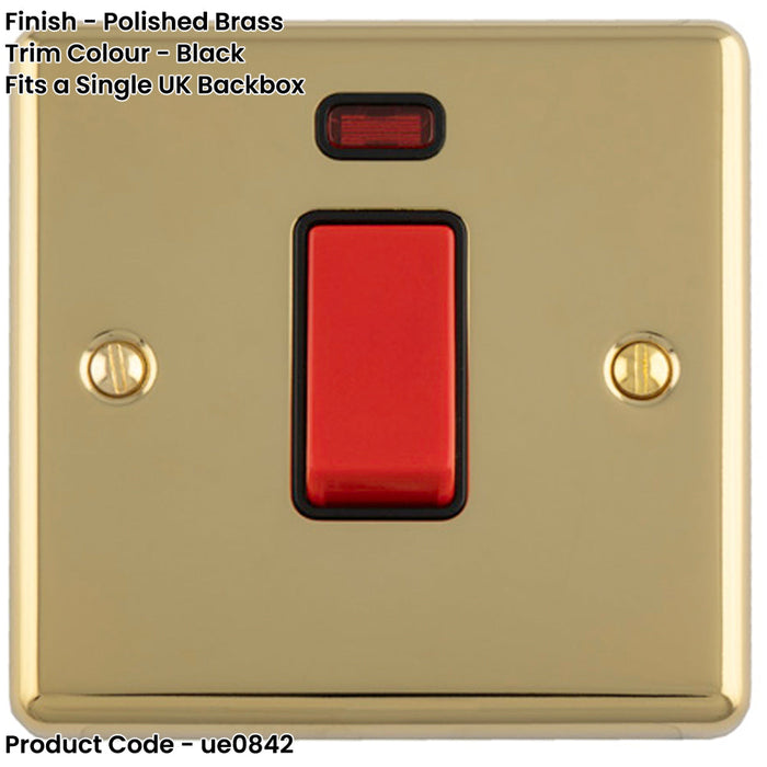 1 Gang Single 45A Cooker Switch & Neon POLISHED BRASS & BLACK TRIM Rocker DP