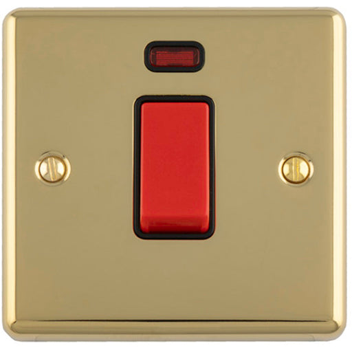1 Gang Single 45A Cooker Switch & Neon POLISHED BRASS & BLACK TRIM Rocker DP