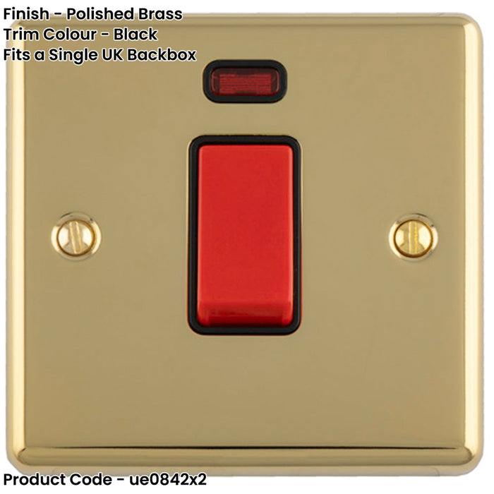 2 PACK 1 Gang Single 45A Cooker Switch & Neon POLISHED BRASS & BLACK TRIM Rocker DP