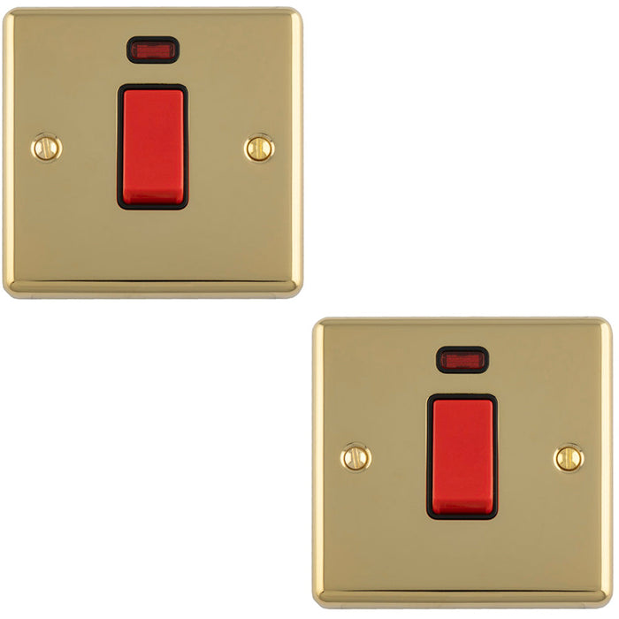 2 PACK 1 Gang Single 45A Cooker Switch & Neon POLISHED BRASS & BLACK TRIM Rocker DP
