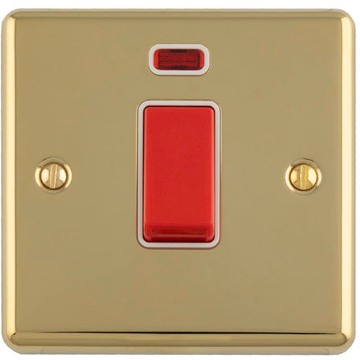 1 Gang Single 45A Cooker Switch & Neon POLISHED BRASS & WHITE TRIM Rocker DP