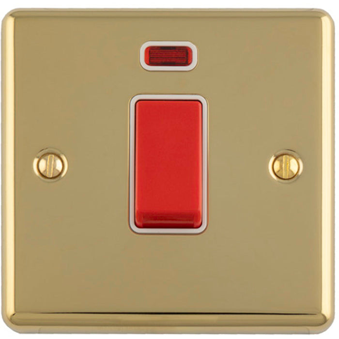 1 Gang Single 45A Cooker Switch & Neon POLISHED BRASS & WHITE TRIM Rocker DP