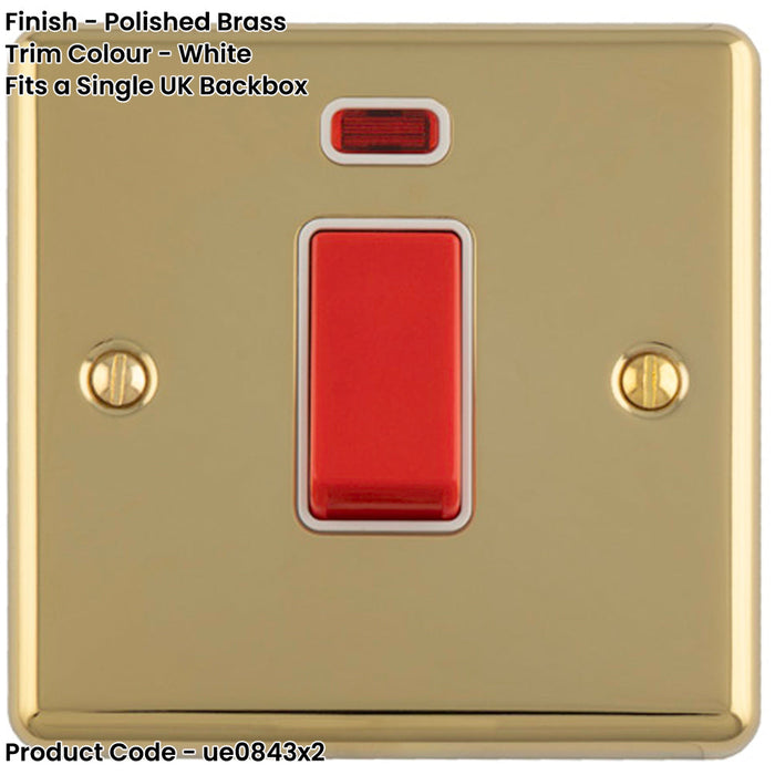 2 PACK 1 Gang Single 45A Cooker Switch & Neon POLISHED BRASS & WHITE TRIM Rocker DP
