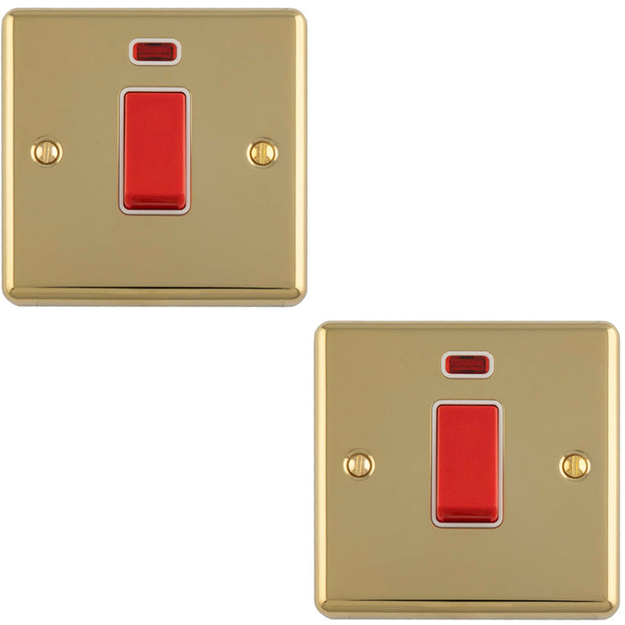 2 PACK 1 Gang Single 45A Cooker Switch & Neon POLISHED BRASS & WHITE TRIM Rocker DP
