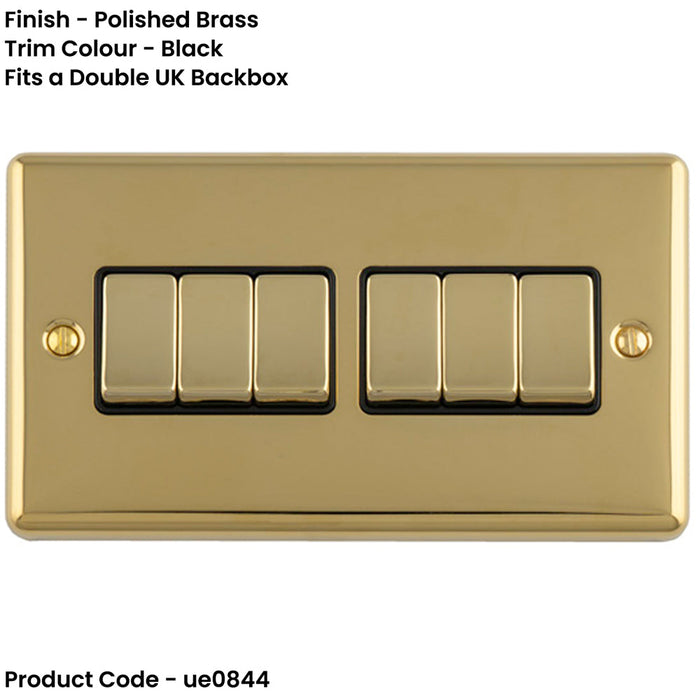 6 Gang Multi Light Switch POLISHED BRASS 2 Way 10A Black Trim & Metal Rocker