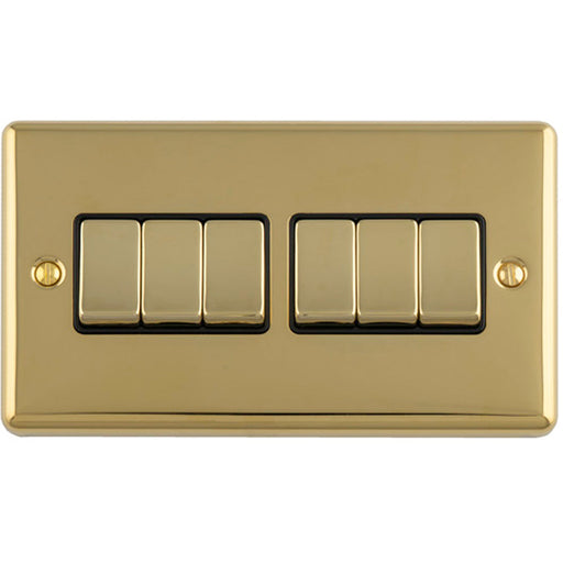 6 Gang Multi Light Switch POLISHED BRASS 2 Way 10A Black Trim & Metal Rocker