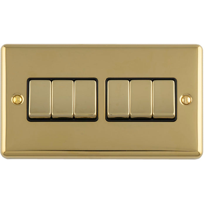 6 Gang Multi Light Switch POLISHED BRASS 2 Way 10A Black Trim & Metal Rocker