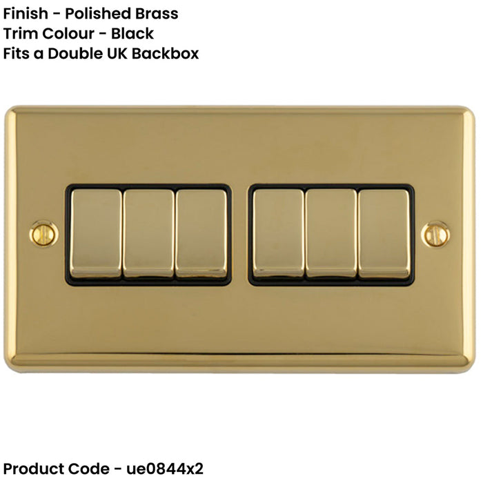 2 PACK 6 Gang Multi Light Switch POLISHED BRASS 2 Way 10A Black Trim & Metal Rocker
