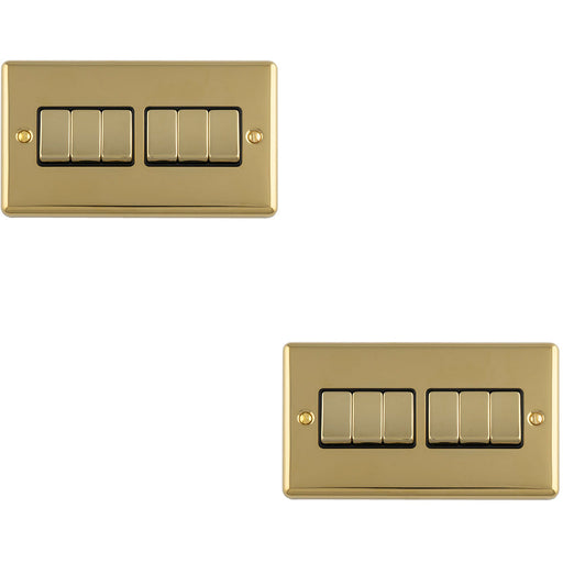2 PACK 6 Gang Multi Light Switch POLISHED BRASS 2 Way 10A Black Trim & Metal Rocker