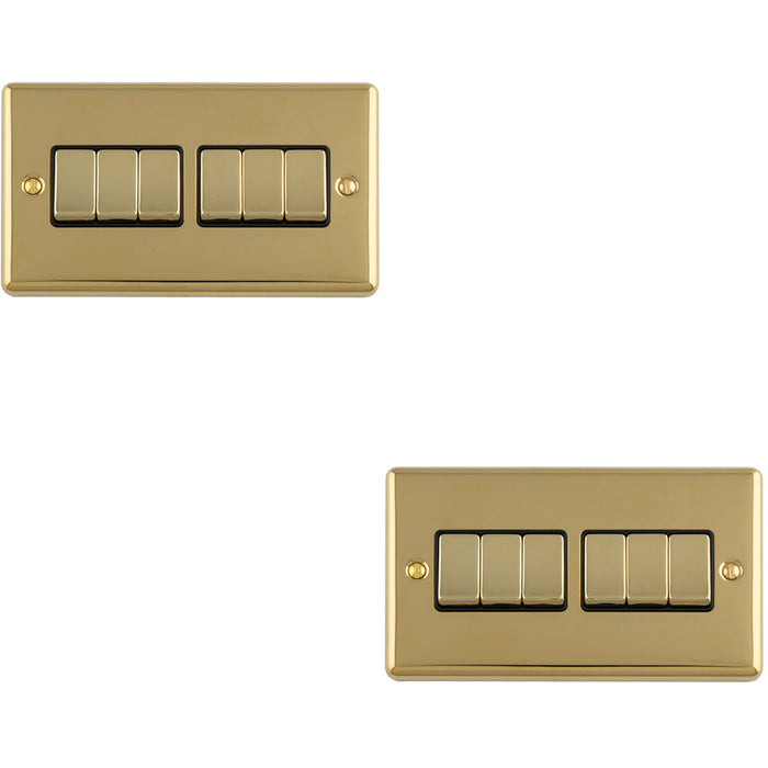 2 PACK 6 Gang Multi Light Switch POLISHED BRASS 2 Way 10A Black Trim & Metal Rocker