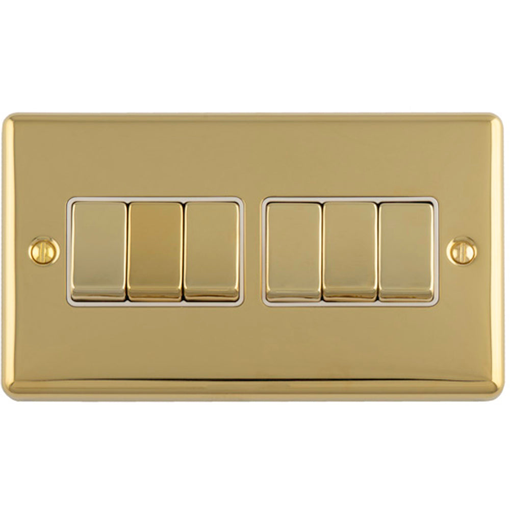 6 Gang Multi Light Switch POLISHED BRASS 2 Way 10A White Trim & Metal ...