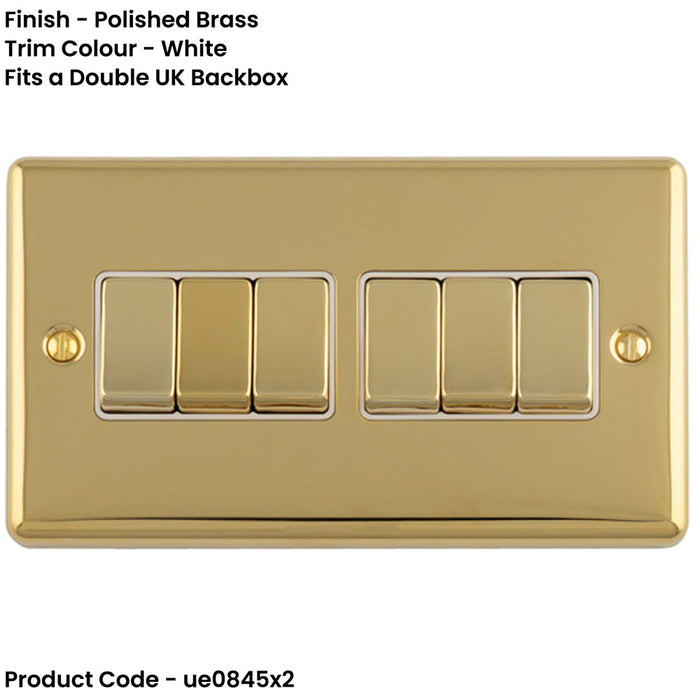 2 PACK 6 Gang Multi Light Switch POLISHED BRASS 2 Way 10A White Trim & Metal Rocker