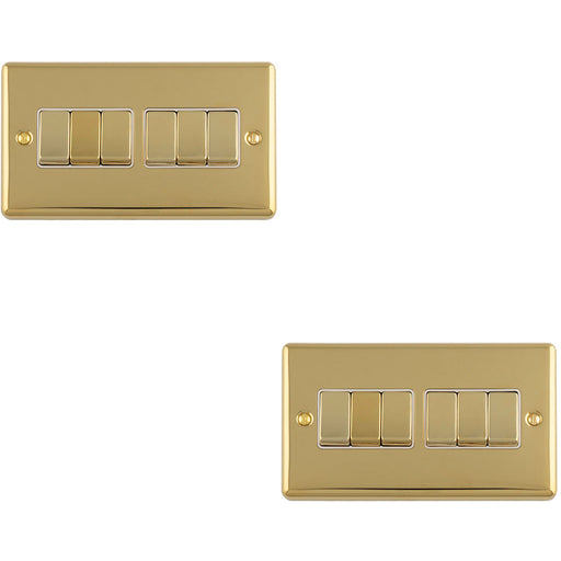 2 PACK 6 Gang Multi Light Switch POLISHED BRASS 2 Way 10A White Trim & Metal Rocker