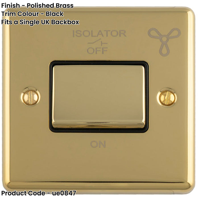 6A Extractor Fan Isolator Switch POLISHED BRASS & Black Trim 3 Pole Shower