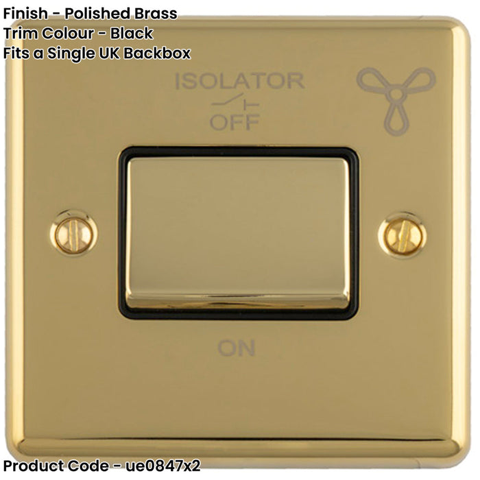 2 PACK 6A Extractor Fan Isolator Switch POLISHED BRASS & Black Trim 3 Pole Shower