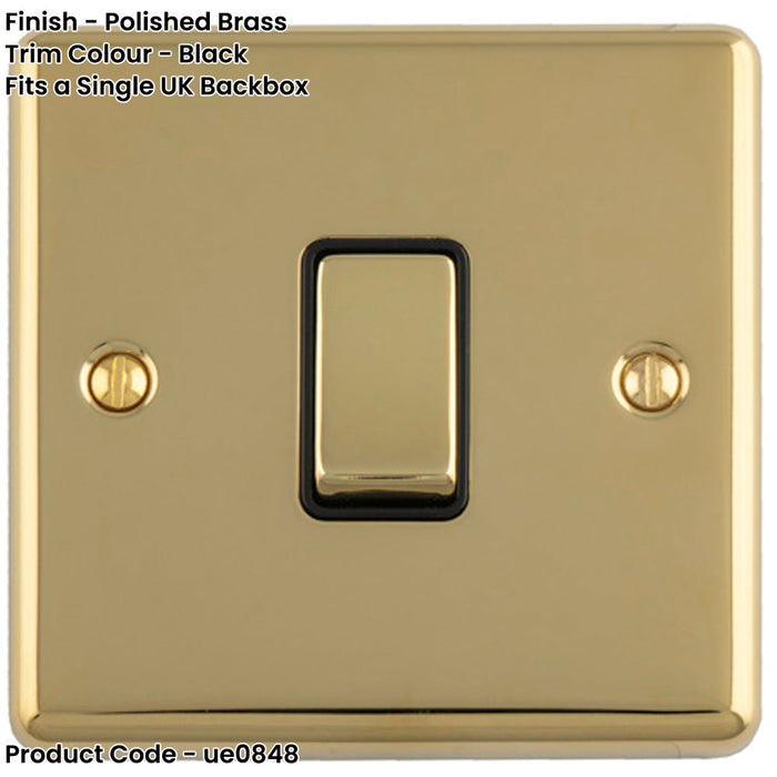 1 Gang Single 10A INTERMEDIATE Light Switch POLISHED BRASS & Black Metal Rocker