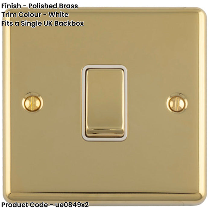 2 PACK 1 Gang Single 10A INTERMEDIATE Light Switch POLISHED BRASS & White Metal Rocker