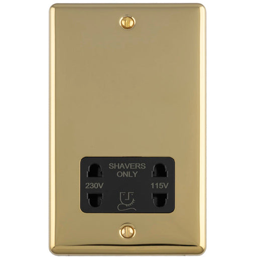 230V & 115V Shaver Twin Socket Wall Plate POLISHED BRASS & Black Trim 86mm x 146mm