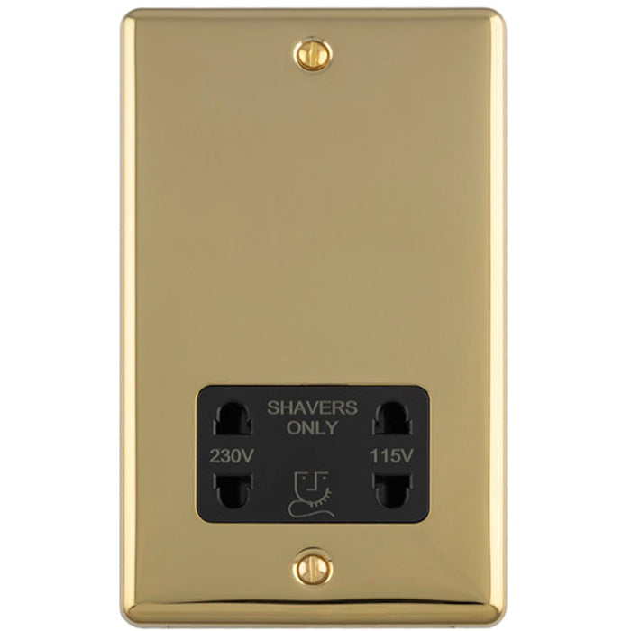 230V & 115V Shaver Twin Socket Wall Plate POLISHED BRASS & Black Trim 86mm x 146mm