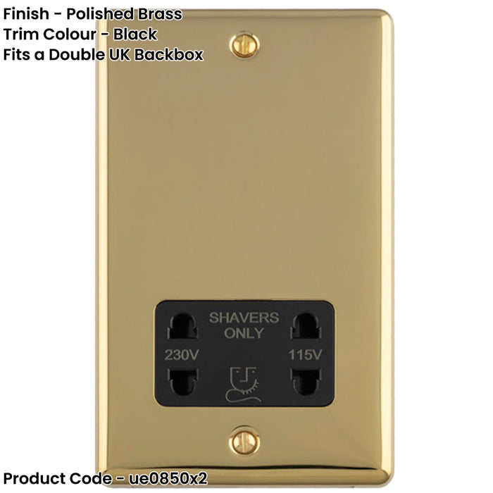 2 PACK 230V & 115V Shaver Twin Socket Wall Plate POLISHED BRASS & Black Trim 86mm x 146mm