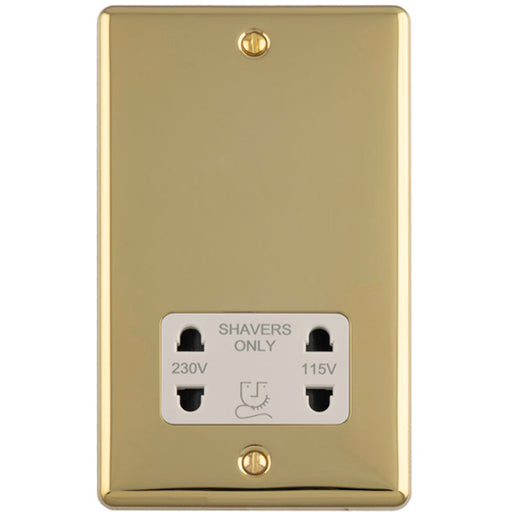 230V & 115V Shaver Twin Socket Wall Plate POLISHED BRASS & White Trim 86mm x 146mm