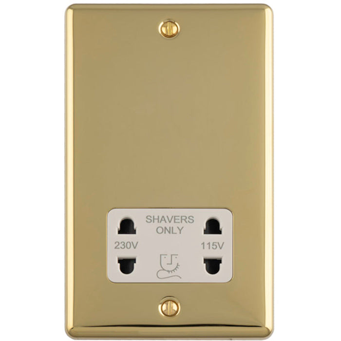 230V & 115V Shaver Twin Socket Wall Plate POLISHED BRASS & White Trim 86mm x 146mm