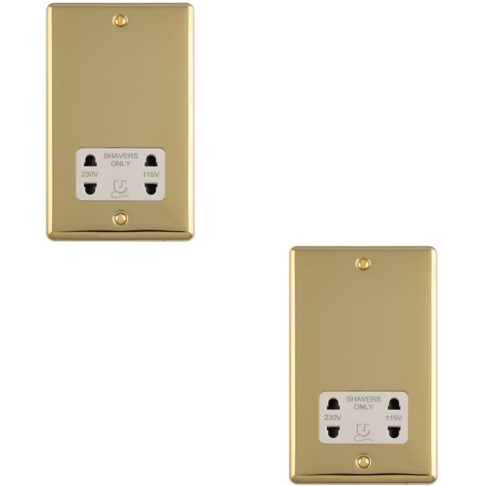 2 PACK 230V & 115V Shaver Twin Socket Wall Plate POLISHED BRASS & White Trim 86mm x 146mm