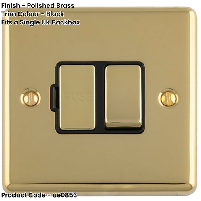 13A DP Switched Fuse Spur POLISHED BRASS & BLACK Mains Isolation Wall Plate