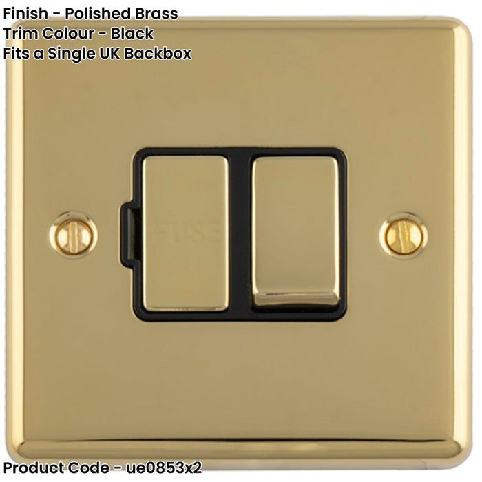 2 PACK 13A DP Switched Fuse Spur POLISHED BRASS & BLACK Mains Isolation Wall Plate