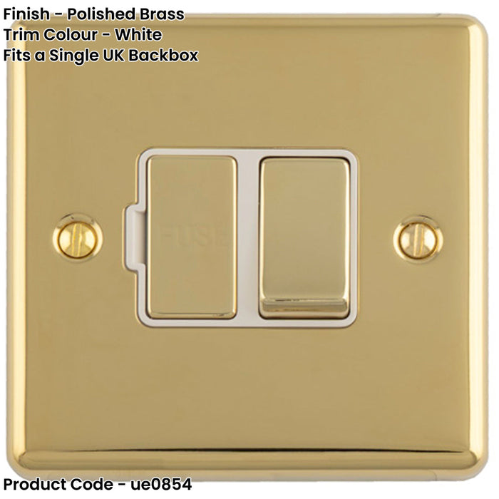 13A DP Switched Fuse Spur POLISHED BRASS & WHITE Mains Isolation Wall Plate