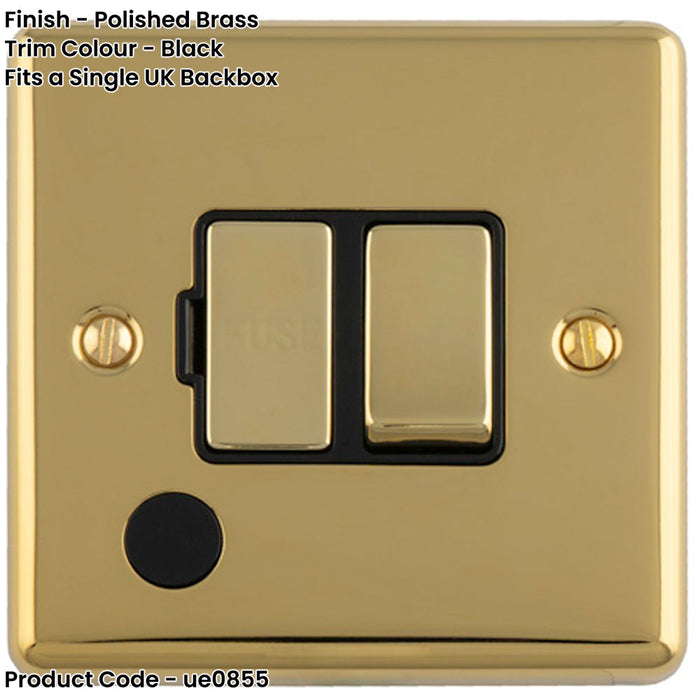 13A DP Switched Fuse Spur & Flex Outlet POLISHED BRASS & Black Mains Isolation