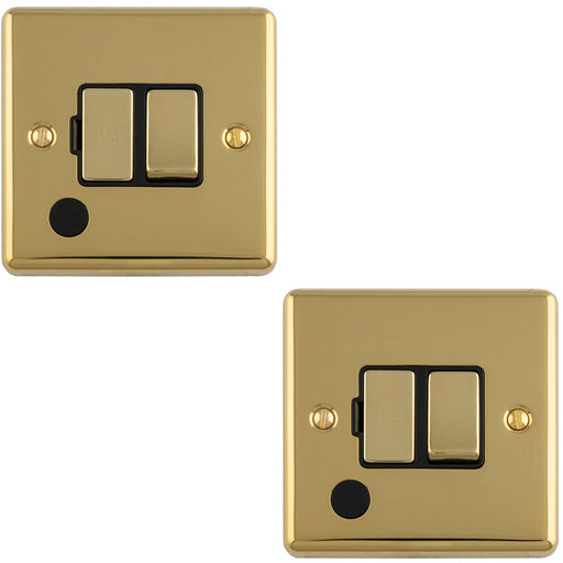 2 PACK 13A DP Switched Fuse Spur & Flex Outlet POLISHED BRASS & Black Mains Isolation