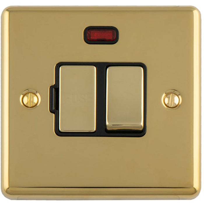 13A DP Switched Fuse Spur & Neon Light POLISHED BRASS & Black Mains Isolation